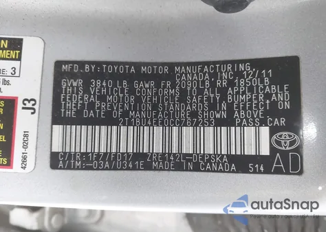 2012 Toyota Corolla S из США, поврежденный, VIN 2T1BU4EE0CC767253